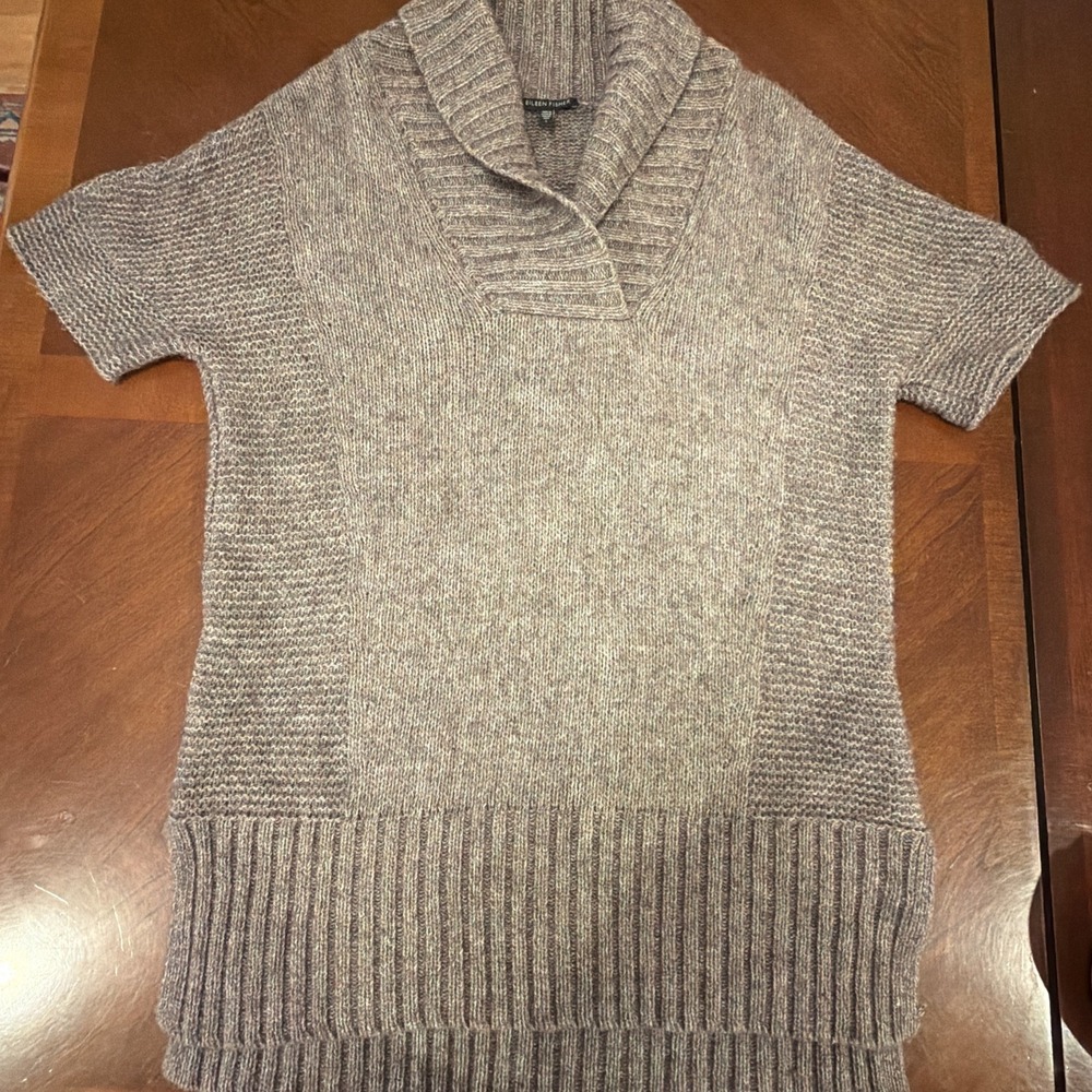 Eileen Fisher Knitted Pullover Oversize Shawl Neck Short Sleeves Gray SZ S